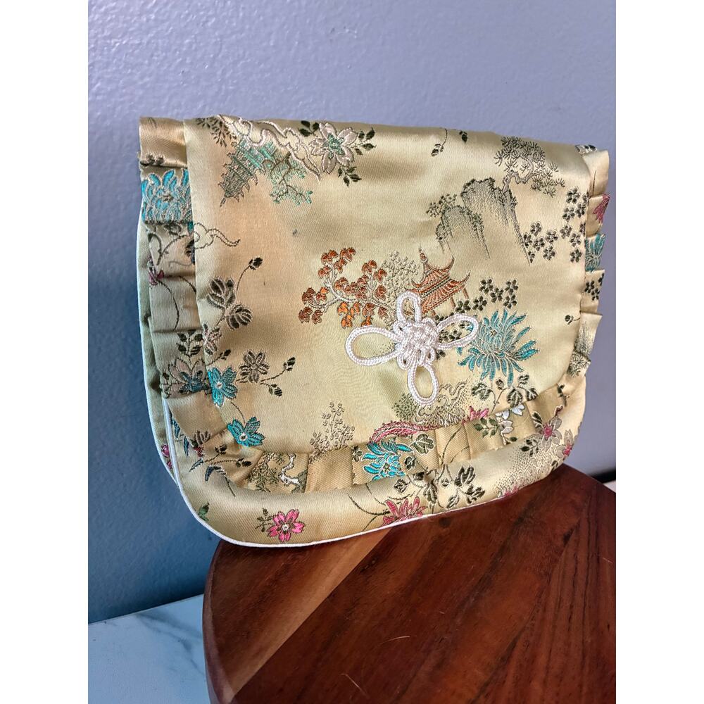 Brocade Silk Evening Clutch Asian Floral Embroidery Dual Pockets – Snap Closure